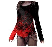 Bite Me Vampire Teeth Bloody Halloween T-Shirt Women Ghost Shirt Woman Blood Splatter Witch Leopard Graphic Tees Long Sleeve Pumpkin Face Tee Funny Fall, Wine, M