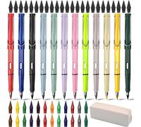 BITEFU Pack of 12 Eternal Pencil with Eraser, with 1 Pencil Case and 48 Perpetual Pencil Interchangeable Heads, for Writing Painting, Infinity Magic Pencil, Coloured