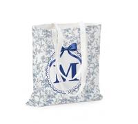 BitKan Chinoiserie Monogrammed Canvas Tote Bag with Inner Pocket, Blue Bow with Intial M Canvas Tote Bags for Work Travel Nurse Teacher, M Initial Gifts for Women/Men/Girls, M Monogram Gifts