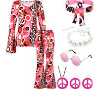 BITOWO 70s Fancy Dress Women Hippie Clothes Trousers & Accessories for 60s Hippy Disco Flared 1960s 1970s Costume Outfit Up (L), Pink