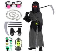 BITOWO 7PCS Grim Reaper Costume Kids Boys Child 5-7 Years Creapy Scary Halloween Ghost Death Costumes for Kids Boys Teenage with Grim Reaper Cloak Cape Outfit Scythe Mask Glowing Eyes
