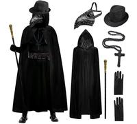 BITOWO Halloween Plague Doctor Costume Adult Kids Plague Doctors Mask Halloween Costumes for Men Necklace Gloves Black Top Hat and Cane Plague Mask Black Hooded Cloak Scream Cape Fancy Dress Outfit