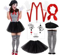 BITOWO Pantomime Costume Women's Dress Accessory Set with Tulle Skirt Braces Beret Hat Cloths Gloves Sock Face Tattoo Carnival Pierrot Clown Costume Women Men Pantomime Women Fancy Dress