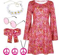 BITOWO Women's 1970s Hippie & Disco Fancy Dress Costume with Accessories - One Size, Pink, Adults, 1960s/1970s theme enthusiasts