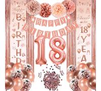BITOYO 18th Birthday Decoration for Women: Rose Gold Balloons, Banners, Fringed Curtain, Confetti & Ribbon Party Pack