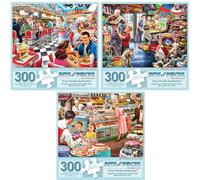 Bits and Piece+E14:N14s 300 Piece Puzzles for Adults Larry Jones 3-Pack - 300 Large Pieces 18" x 24" Jigsaw Puzzles, 1950s Americana, No 2 Pieces Alike