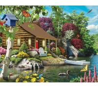 Bits and Pieces - 100 Piece Jigsaw Puzzle for Adults - Cabin on The Lake - Large Lettered Pieces Colorful Scenic Jigsaw Puzzle, Completed Puzzle Size: 15" x 19"