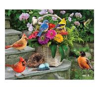 Bits and Pieces 100 Piece Puzzles for Adults 100 Large Pieces 15" x 19" Jigsaw Puzzles, Birds and Flowers, Random Die Cut, No 2 Pieces Alike, Birds on The Porch Steps