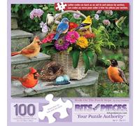 Bits and Pieces 100 Piece Puzzles for Adults 100 Large Pieces 15" x 19" Jigsaw Puzzles, Birds and Flowers, Random Die Cut, No 2 Pieces Alike, Birds on The Porch Steps