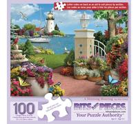 Bits and Pieces 100 Piece Puzzles for Adults - A Morning Mooring - 100 Extra Large Pieces 15" x 19" Jigsaw Puzzles, Lighthouse Sailboat Nautical, No 2 Pieces Alike