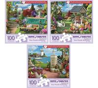 Bits and Pieces 100 Piece Puzzles for Adults - Alan Giana 3-Pack - 100 Extra Large Pieces 15" x 19" Jigsaw Puzzles, at The Water's Edge, No 2 Pieces Alike