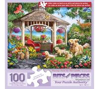Bits and Pieces 100 Piece Puzzles for Adults - Playing Chase by the Gazebo - 100 Extra Large Pieces 15" x 19" Jigsaw Puzzles, Playful Puppies Dogs Nature, No 2 Pieces Alike