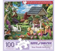 Bits and Pieces 100 Piece Puzzles for Adults - Puppy Paradise - 100 Extra Large Pieces 15" x 19" Jigsaw Puzzles, Dogs Swans Flowers Spring, No 2 Pieces Alike