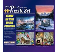 Bits and Pieces - 1000 Piece Multipack 4-in-1 Glow Puzzle Set - 1000 Piece Jigsaw Puzzle Set for Adults - Each Puzzle Measures 51cm x 69cm - Snowy Winter Nature Glow Jigsaw by Artist Alan Giana