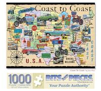 Bits and Pieces 1000 Piece Puzzles for Adults - Coast to Coast - - Large 20" x 27" Jigsaw Puzzles 1000 Pieces Retro American Collage Map, No 2 Pieces Alike