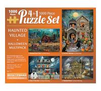 Bits and Pieces 1000 Piece Puzzles for Adults - Large 20" x 27" Jigsaw Puzzles 1000 Pieces Halloween Puzzles - Haunted House Farm, No 2 Pieces Alike, Haunted Village 4 Puzzle Multikpack