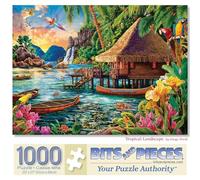 Bits and Pieces 1000 Piece Puzzles for Adults - Large 20" x 27" Jigsaw Puzzles 1000 Pieces Tiki Hut Polynesian Lagoon, Random Die Cut, No 2 Pieces Alike, Tropical Landscape