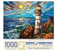 Bits and Pieces 1000 Piece Puzzles for Adults Stained Rocky Cliff Lighthouse Large 20" x 27" Jigsaw Puzzles 1000 Pieces Stained Glass Lighthouse Seascape, Random Die Cut Pieces No 2 are Alike
