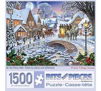 Bits and Pieces - 1500 Piece Jigsaw Puzzle for Adults 24" x 33" - Winter Village Stream - 1500 pc Holiday Seasonal Snowy Town Square Cobblestone Bridge Jigsaw by Artist Steve Crisp