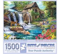 Bits and Pieces 1500 Piece Puzzles for Adults - Large 24" x 33" Large Jigsaw Puzzles 1500 Pieces Landscape River Waterfall, Random Die Cut, No 2 Pieces Alike, The Old Mill