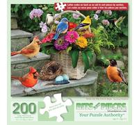 Bits and Pieces 200 Piece Puzzles for Adults 200 Large Pieces 15" x 19" Jigsaw Puzzles, Birds and Flowers, Random Die Cut, No 2 Pieces Alike, Birds on The Porch Steps