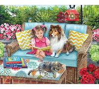 Bits and Pieces - 300 Piece Jigsaw Puzzle for Adults 46cm x 61cm - Story Time - 300 piece Dog and Cat on The Patio Wicker Furniture Girl Book Jigsaw by Artist Brooke Faulder