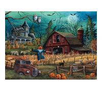 Bits and Pieces 300 Piece Puzzles for Adults 300 Large Pieces 18" x 24" Jigsaw Puzzles, Halloween Farm Scarecrow Haunted House, Random Die Cut, No 2 Pieces Alike, Haunted Farmyard
