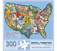 Bits and Pieces 300 Piece Puzzles for Adults - Birds and Blooms of The USA - 300 Large Pieces 18" x 24" Jigsaw Puzzles, USA Map Flowers Birds, No 2 Pieces Alike