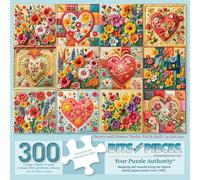 Bits and Pieces 300 Piece Puzzles for Adults - Hearts and Flowers - 300 Large Pieces 18" x 24" Jigsaw Puzzles, 12 Patch Quilt Americana, No 2 Pieces Alike