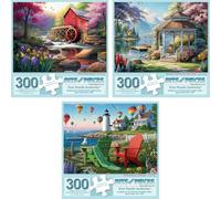 Bits and Pieces 300 Piece Puzzles for Adults Peaceful Waterside Puzzle 3-Pack - 300 Large Pieces 18" x 24" Jigsaw Puzzles, Iris Sage, No 2 Pieces Alike
