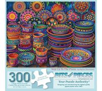 Bits and Pieces 300 Piece Puzzles for Adults Step Up to The Plates 300 Large Pieces 18" x 24" Jigsaw Puzzles, Floral Dishes Colorful, Random Die Cut Pieces No 2 are Alike