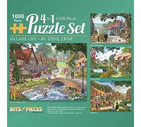 Bits and Pieces - 4-in-1 Multi-Pack 1000 Piece Jigsaw Puzzles for Adults - Village Life by Artist Steve Crisp, Completed Puzzle Size: 20" x 27"