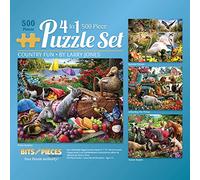 Bits and Pieces - 4-in-1 Multipack Jigsaws 500 Piece Puzzles for Adults - Puzzles Measures 18" x 24" - Picnic Surprise Pickup Tractor Summer Retreat 500 pc Multipack Jigsaws by Artist Larry Jones