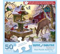 Bits and Pieces - 50 Piece Jigsaw Puzzle for Adults - Sunrise Feasting - Winter Barn Deer Jigsaw Puzzle by Liz Goodrick - Dillon, Completed Puzzle Size: 15" x 19"