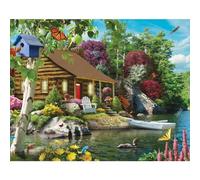 Bits and Pieces - 50 Piece Jigsaw Puzzle for Seniors - 15" x 19" - Cabin on The Lake - 50 pc Large Lettered Pieces Colorful Scenic Jigsaw