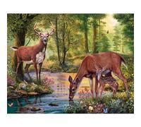Bits and Pieces - 50 Piece Jigsaw Puzzle for Seniors - 15" x 19" - Woodland Stream - 50 pc Large Lettered Pieces Deer Family Jigsaw