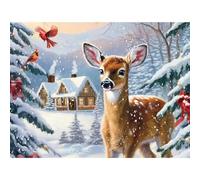 Bits and Pieces 50 Piece Puzzles for Adults 50 Extra Large Pieces 15" x 19" Jigsaw Puzzles, Deer Winter Snow Cabin, No 2 Pieces Alike, Winter Wilderness