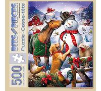 Bits and Pieces - 500 Piece Jigsaw Puzzle for Adults - Christmas Barn Snowman - 500 pc Animal Winter Scene Jigsaw by Artist Larry Jones