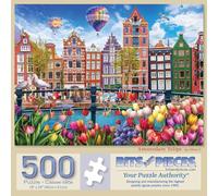 Bits and Pieces 500 Piece Puzzles for Adults - Amsterdam Tulips - Large 18" x 24" Jigsaw Puzzles 500 Pieces Flowers Row Houses Hot Air Balloon, No 2 Pieces Alike