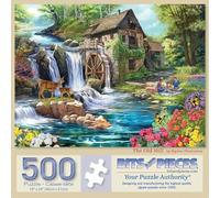 Bits and Pieces 500 Piece Puzzles for Adults - Large 15" x 19" Jigsaw Puzzles 500 Pieces Landscape River Waterfall, Random Die Cut, No 2 Pieces Alike, The Old Mill