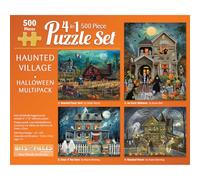 Bits and Pieces 500 Piece Puzzles for Adults - Large 18" x 24" Jigsaw Puzzles 500 Pieces Halloween Puzzles - Haunted House Farm, Random Die Cut, No 2 Pieces Alike, Haunted Village 4 Puzzle Multikpack