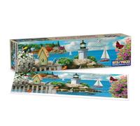 Bits and Pieces 500 Piece Puzzles for Adults - Seacoast Serenity - Large 12" x 36" Jigsaw Puzzles 500 Pieces Seascape Ocean Lighthouse Birds, No 2 Pieces Alike