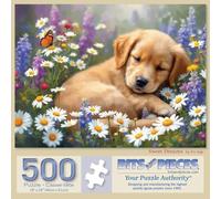 Bits and Pieces 500 Piece Puzzles for Adults - Sweet Dreams - Large 18" x 24" Jigsaw Puzzles 500 Pieces Sleeping Puppy in Flowers, No 2 Pieces Alike