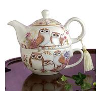Bits and Pieces Home and Kitchen Décor-Tea for One Owls Porcelain Teapot and Cup - Adorable Owl Design with Delicate Tassel on Teapot Handle