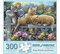 Bits and Pieces - Kittens on a Fence Jigsaw Puzzle for Adults by Oleg Gavrilov, 18" x 24", Charming Spring Garden Scene with Cats, Flowers, and Rustic Fence (300 Piece Puzzle)