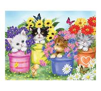 Bits and Pieces - Large 100 Piece Jigsaw Puzzle for Adults - Cats in Flower Pots - Kitten Colorful Bloom Butterfly Sweet Cute Garden Jigsaw Puzzle by Makiko, Completed Puzzle Size: 15" x 19"