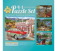 Bits and Pieces - Multipack 4-in-1 Puzzle Set 300 Piece Jigsaw Puzzles for Adults - Each Puzzle Measures 46cm x 61cm- Country Travel Lake Cabin Vacation Jigsaws by Artist Bigelow Illustrations