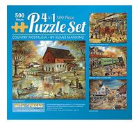 Bits and Pieces - Multipack of Four (4) 4-in-1 500 Piece Jigsaw Puzzles for Adults - Puzzles Measure 16" x 20" - 500 pc Country Pond Harvest Café Home General Store Jigsaws by Artist Ruane Manning