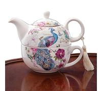 Bits and Pieces - Tea For One Peacock Porcelain Teapot and Cup Set - Elegant Peacock Design With Delicate Tassel on Teapot Handle Makes Great Decoration - Includes Decorative Gift Box