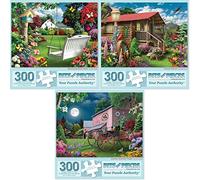 Bits and Pieces - Value Set of (3) 300 Piece Jigsaw Puzzles for Adults - Each Puzzle Measures 18" x 24" - 300 pc Blooming Back Yard, Nature Haven, Serene Summer Night Jigsaws by Artist Alan Giana